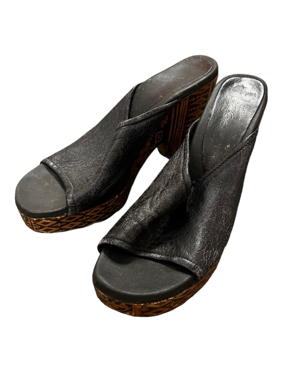 Vintage Elastomere Wedge Sandals Black Platform Made in France 1980s